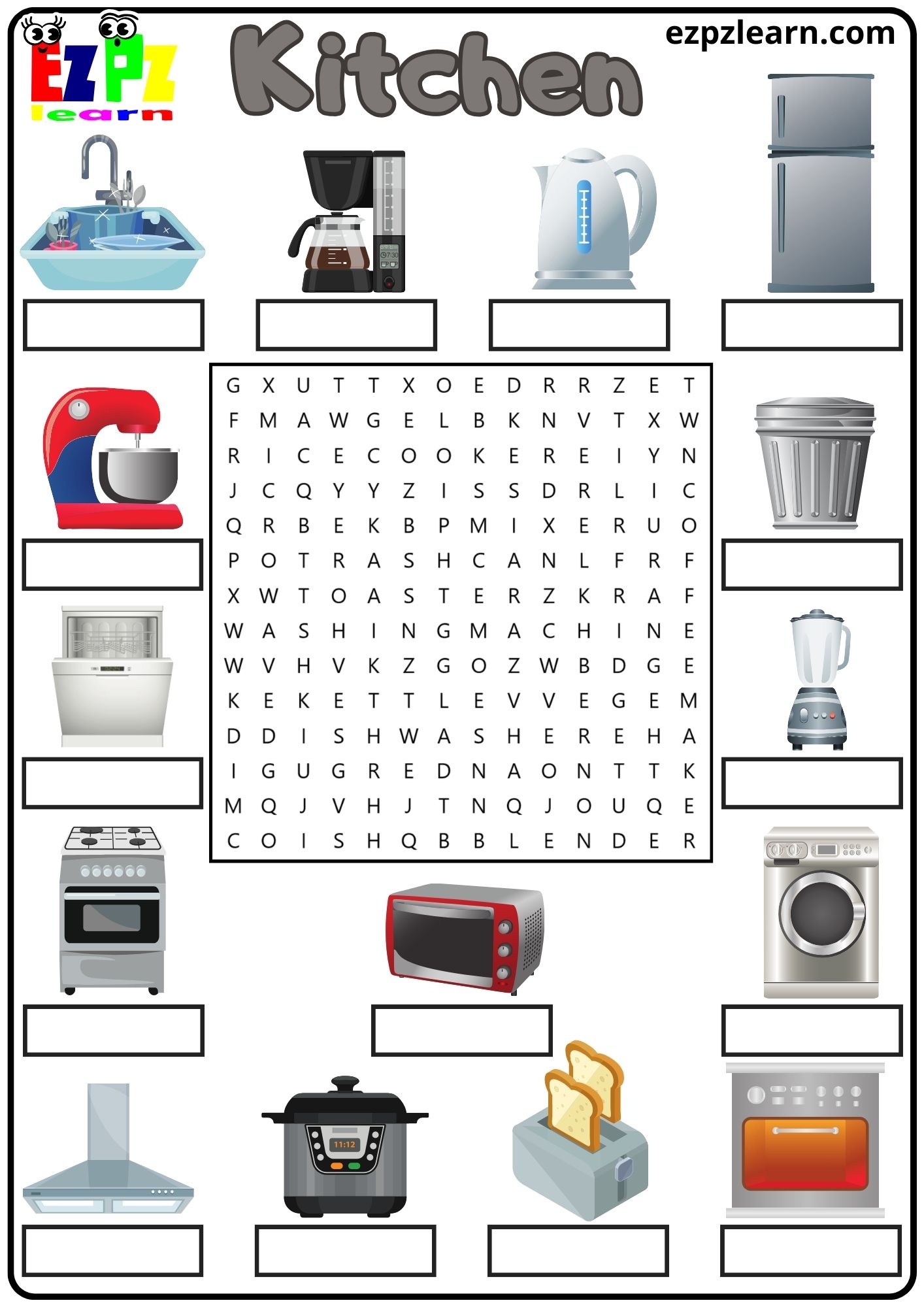 Kitchen Appliances Vocabulary Word Search and Write the Words Activity